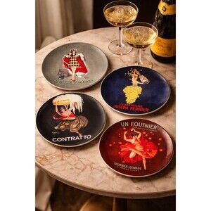 Vintage Champagne Vibe Plates Set – Artsy Cocktail Party Decor (Set of 4)